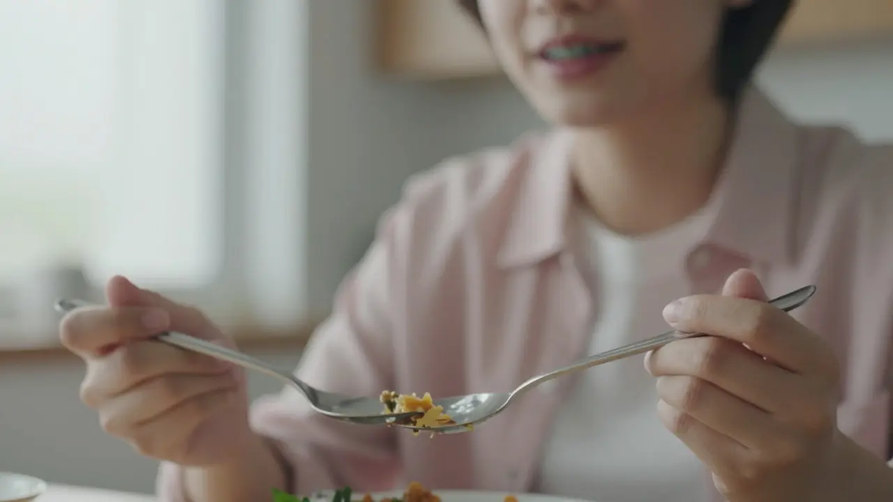 Ruce s vidličkou a lžící v pauze během jídla, v pozadí klidný výraz tváře.