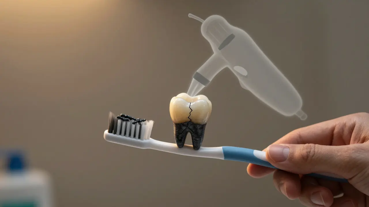 Ruka drží štěteček vedle ztmaveného zubu, zatímco nástroj pro profesionální čištění symbolicky odstraňuje kámen.