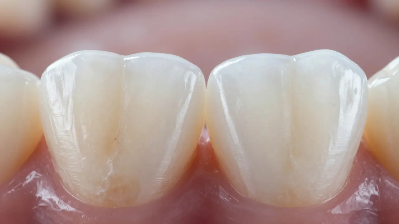 Side-by-side comparison of a damaged natural tooth and a flawless ceramic veneer.