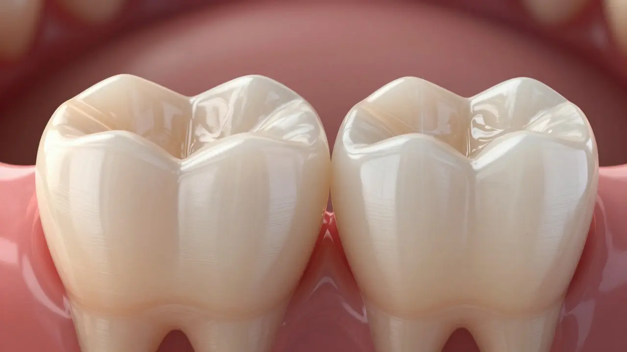Side-by-side view of a natural tooth and the same tooth after precise preparation for a veneer.