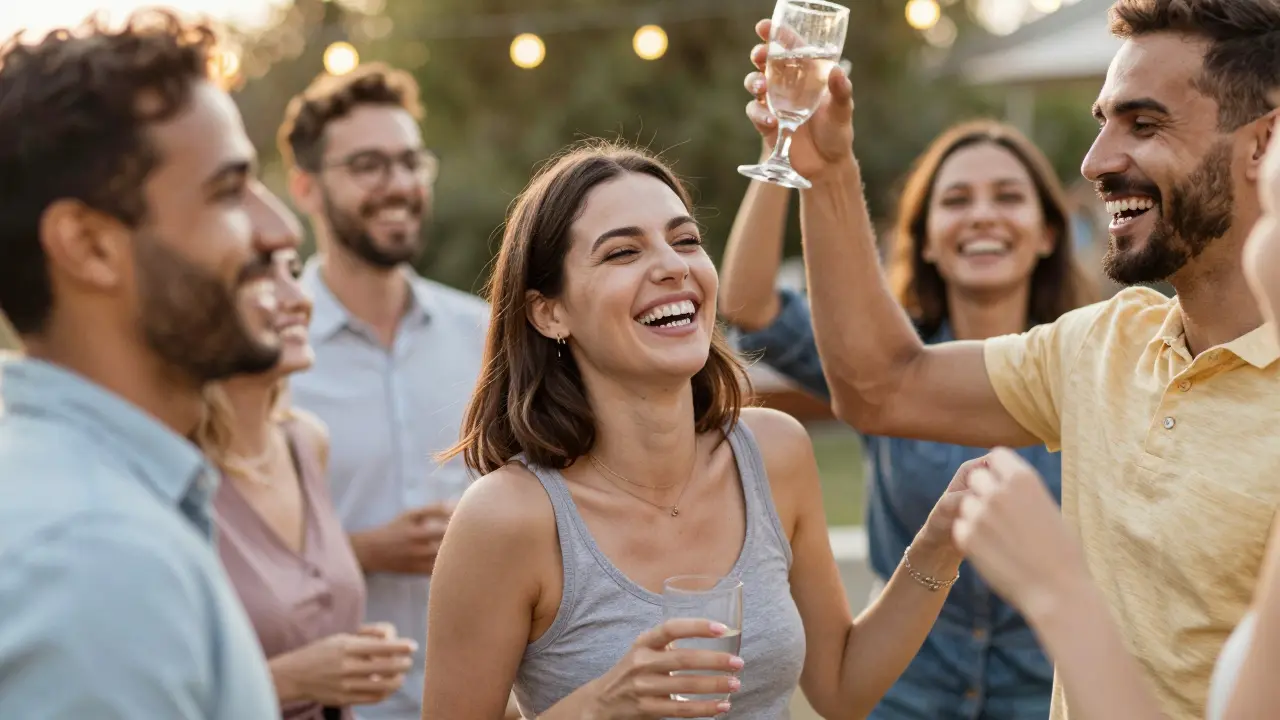 Skupina lidí se směje na večírku, všichni s přirozeně vypadajícími zuby.