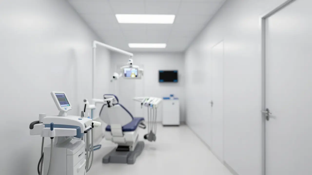 Sterilní chodba moderní nemocniční pohotovosti pro zuby.