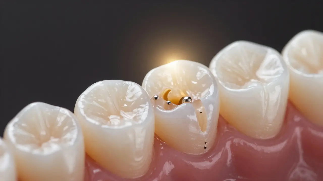 Thin ceramic veneer resting on a prepared tooth surface with visible bond to enamel.