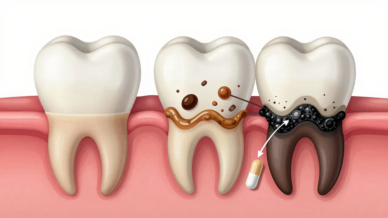 Vnitřní struktura zubu s přeměnou plaku na černý zubní kámen, znázorněná jako vrstvený proces.