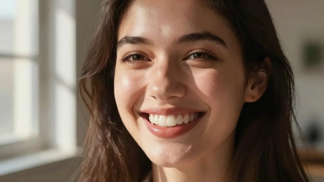 Woman smiling confidently with radiant, natural-looking ceramic veneers in sunlight.