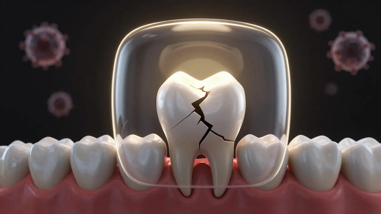 Zlomený zub se mění v keramickou korunku, symbolizující úspěšnou léčbu a ochranu.