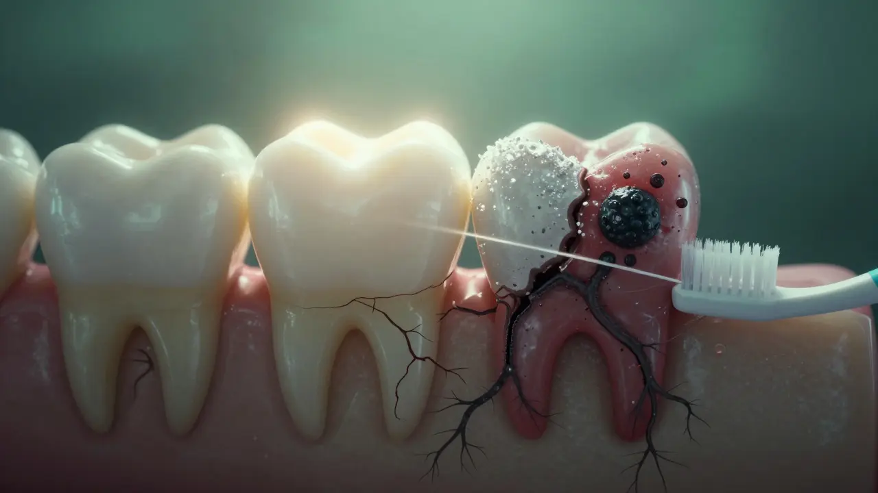 Zub s částí zdravé emali a částí rozpadajícího se kazem, bakterie se šíří do čelisti, zubní kartáček a nit zastavují šíření.