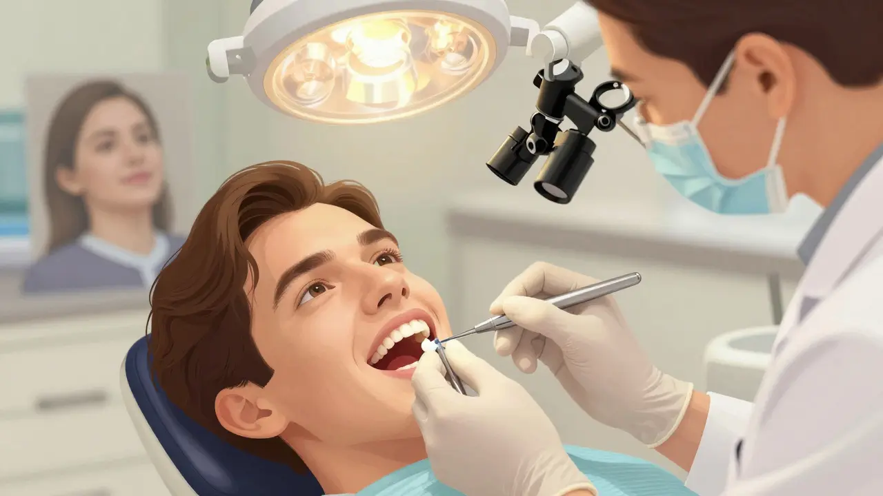 Zubní lékař aplikuje kompozitní plombu na zlomený přední zub v klinice.