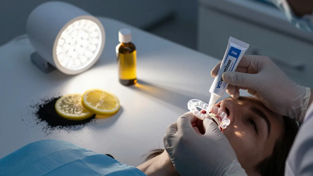 Zubní lékař aplikuje profesionální bělící gel, zatímco neúčinné domácí produkty leží v stínu.