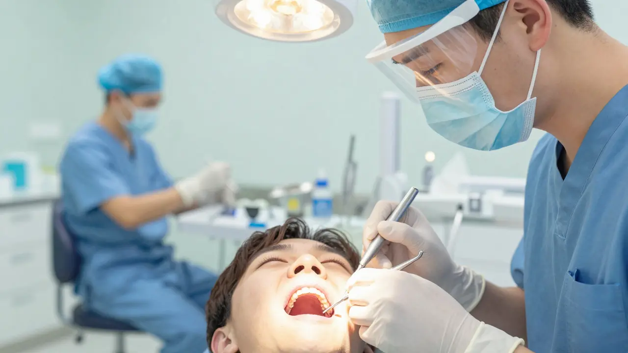 Zubní lékař pečlivě vyšetřující pacienta v ambulanci.