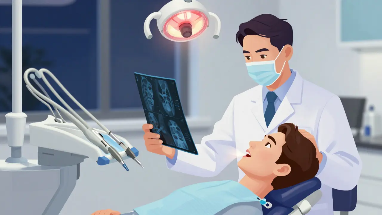 Zubní lékař prohlíží rentgenový snímek v ordinaci, pacient v klidné pozici s rukou na ústech.