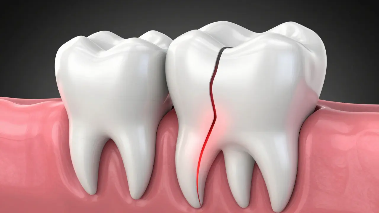 3D anatomický průřez zubu s prasklinou v kořeni a zánětem