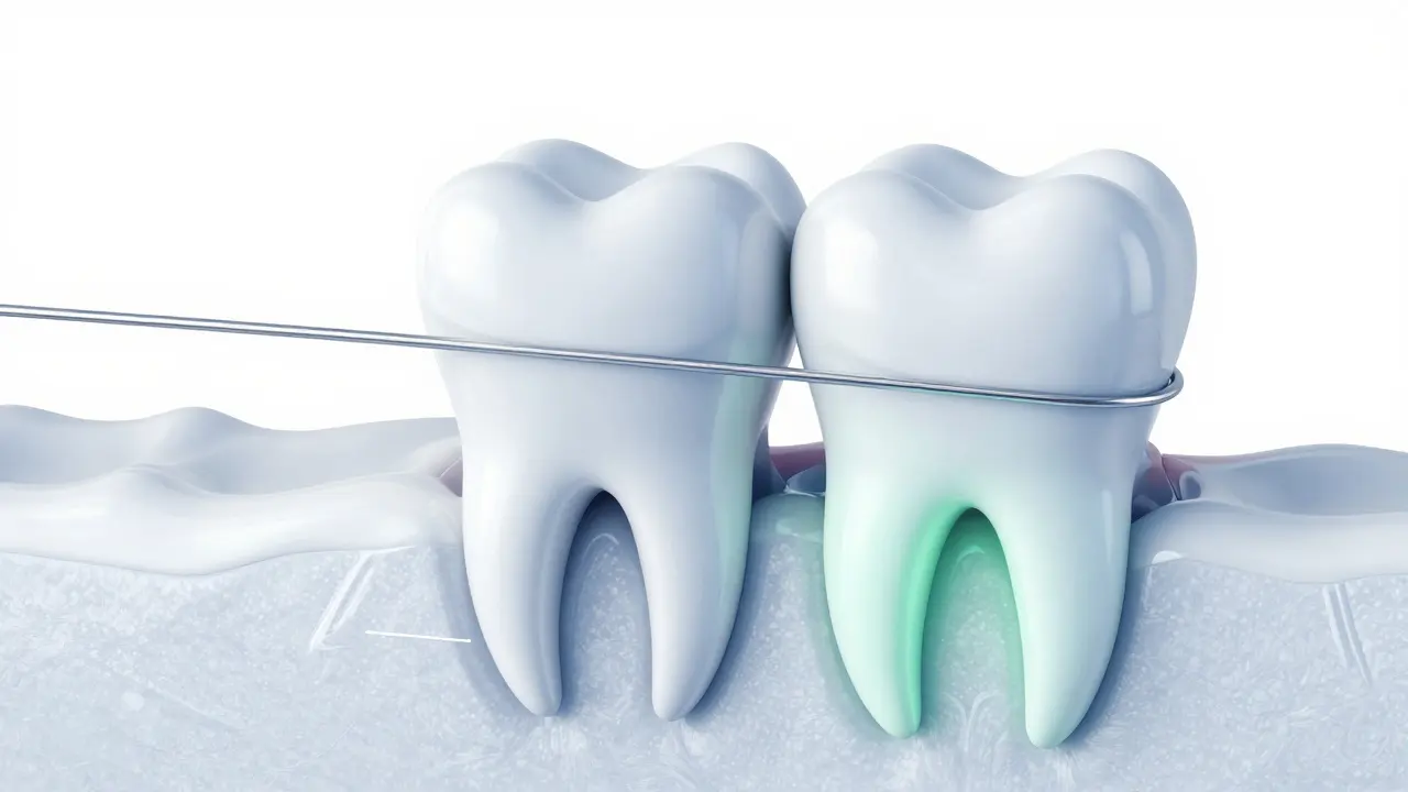 3D ilustrace procesu remodelace kostí při pohybu zubu pomocí rovnatek.