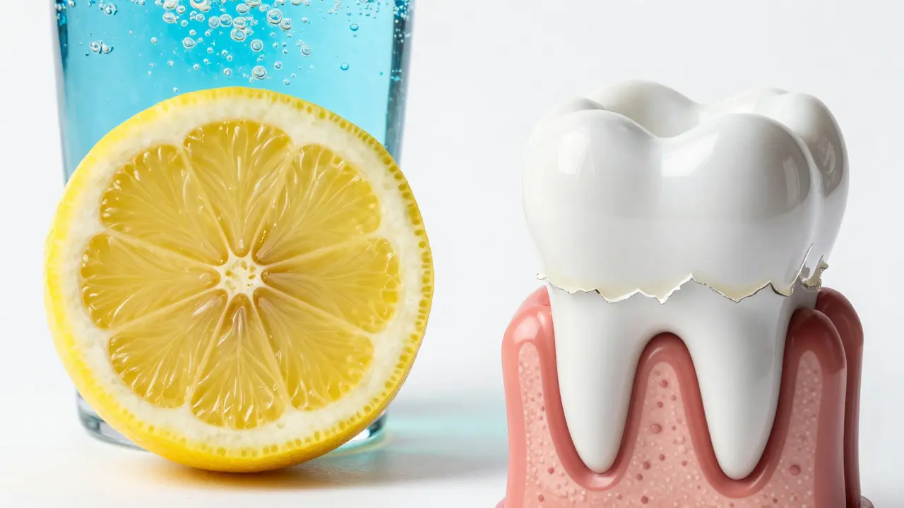 Citron a energetický nápoj vedle znázornění eroze zubní skloviny.