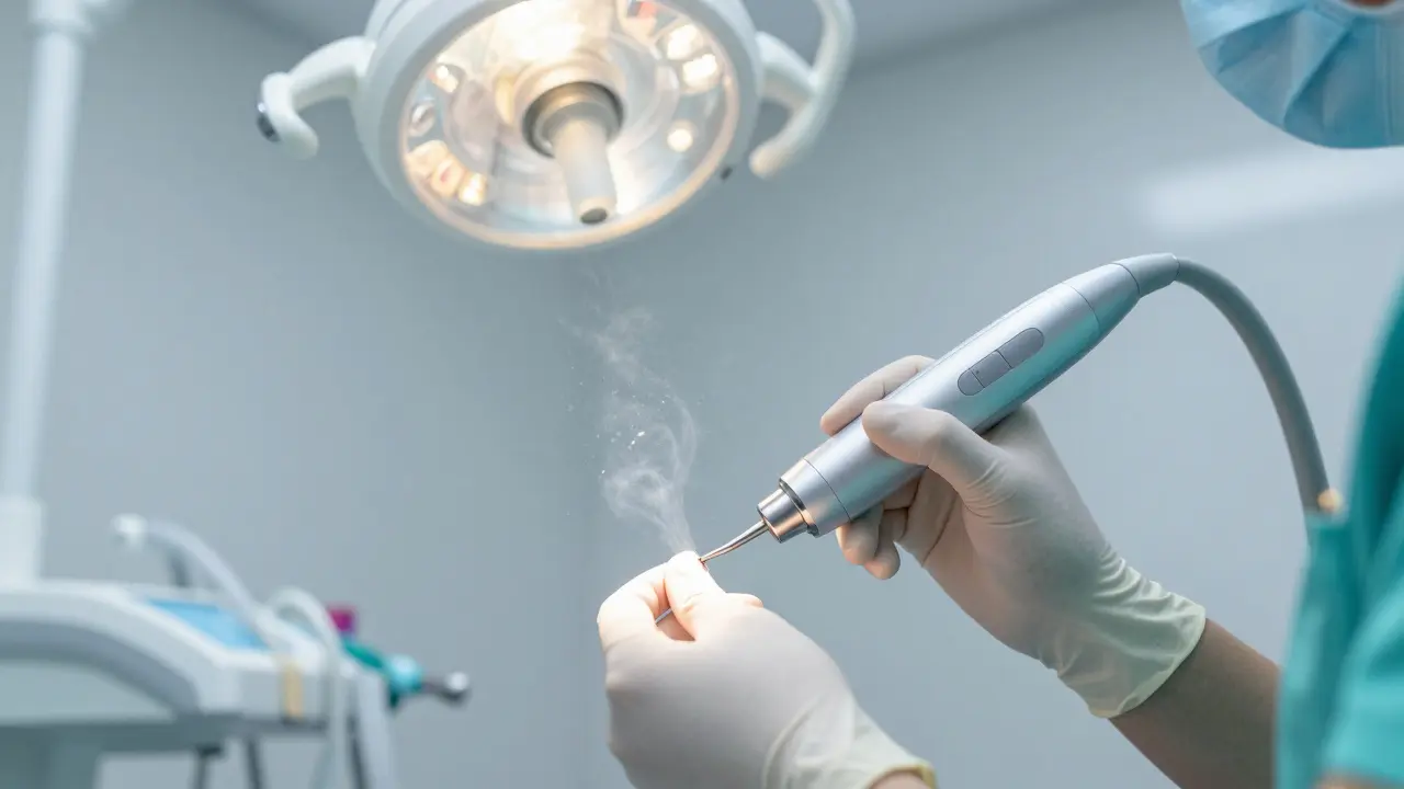 Dentální hygienistka používá moderní ultrasonický přístroj k profesionálnímu odstranění zubního kamene.