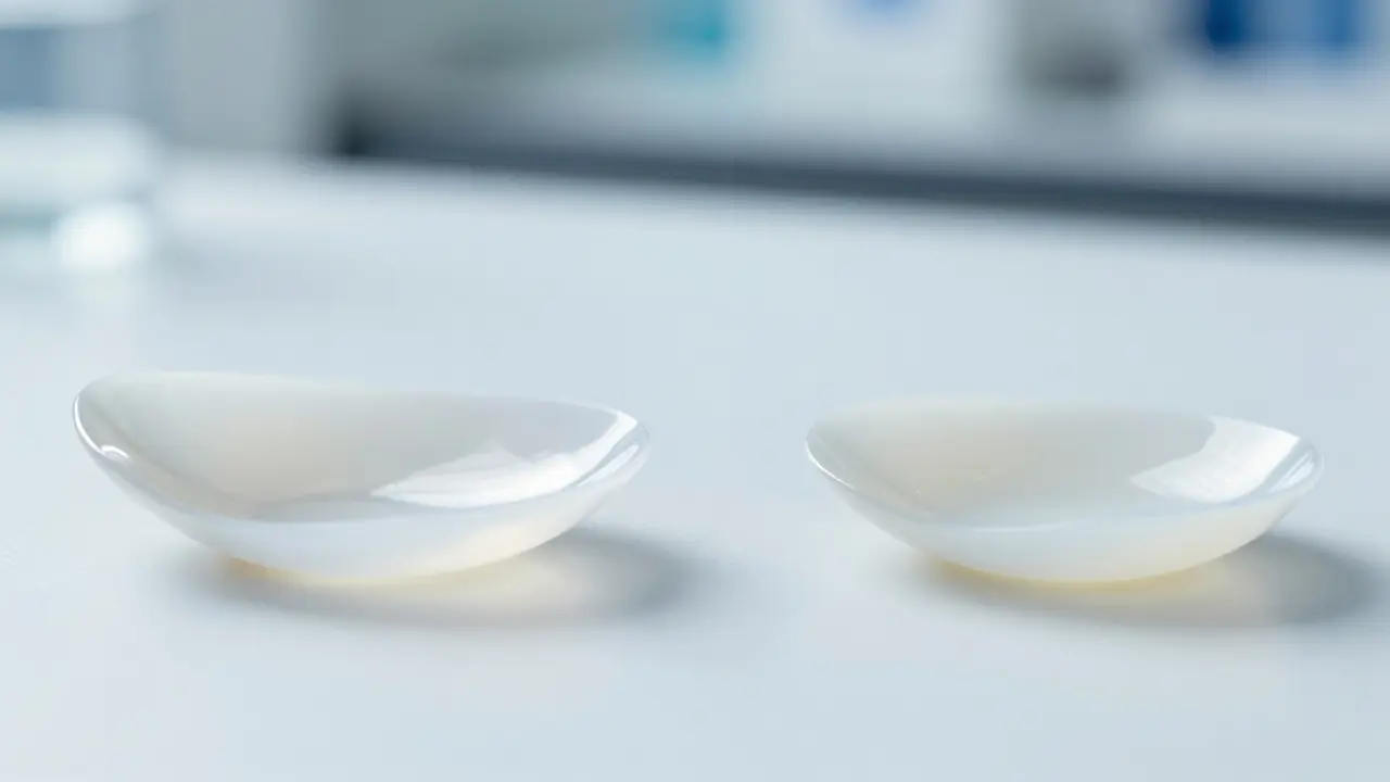 Detail keramické faseti vedle kompozitního materiálu na bílém podkladu.