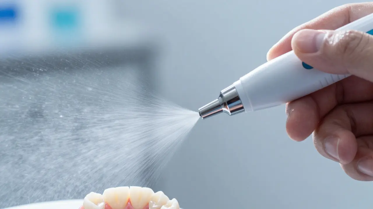 Detail profesionálního pískování zubů pomocí speciálního přístroje.