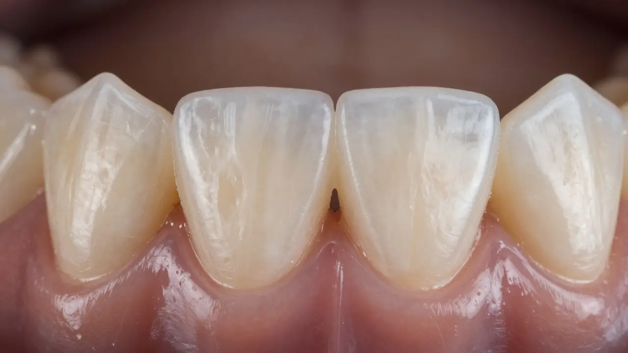 Detailní pohled na estetickou opravu předního zubu pomocí kompozitní fazety.