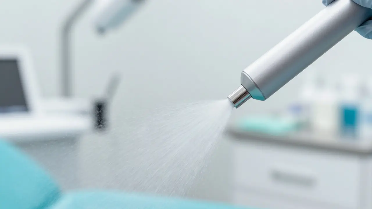 Detailní pohled na přístroj Air-flow stříkající proud vody a prášku na zuby.