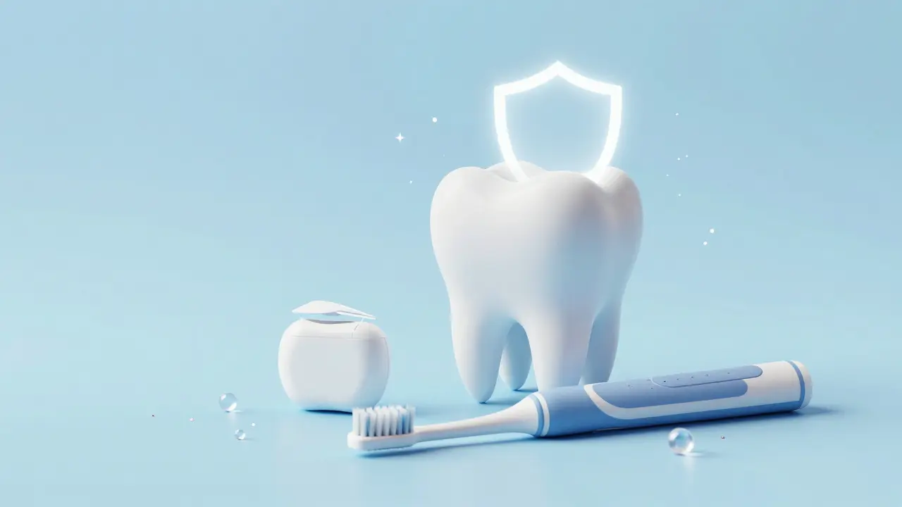 Elektrický kartáček a dentální niť jako symbol prevence