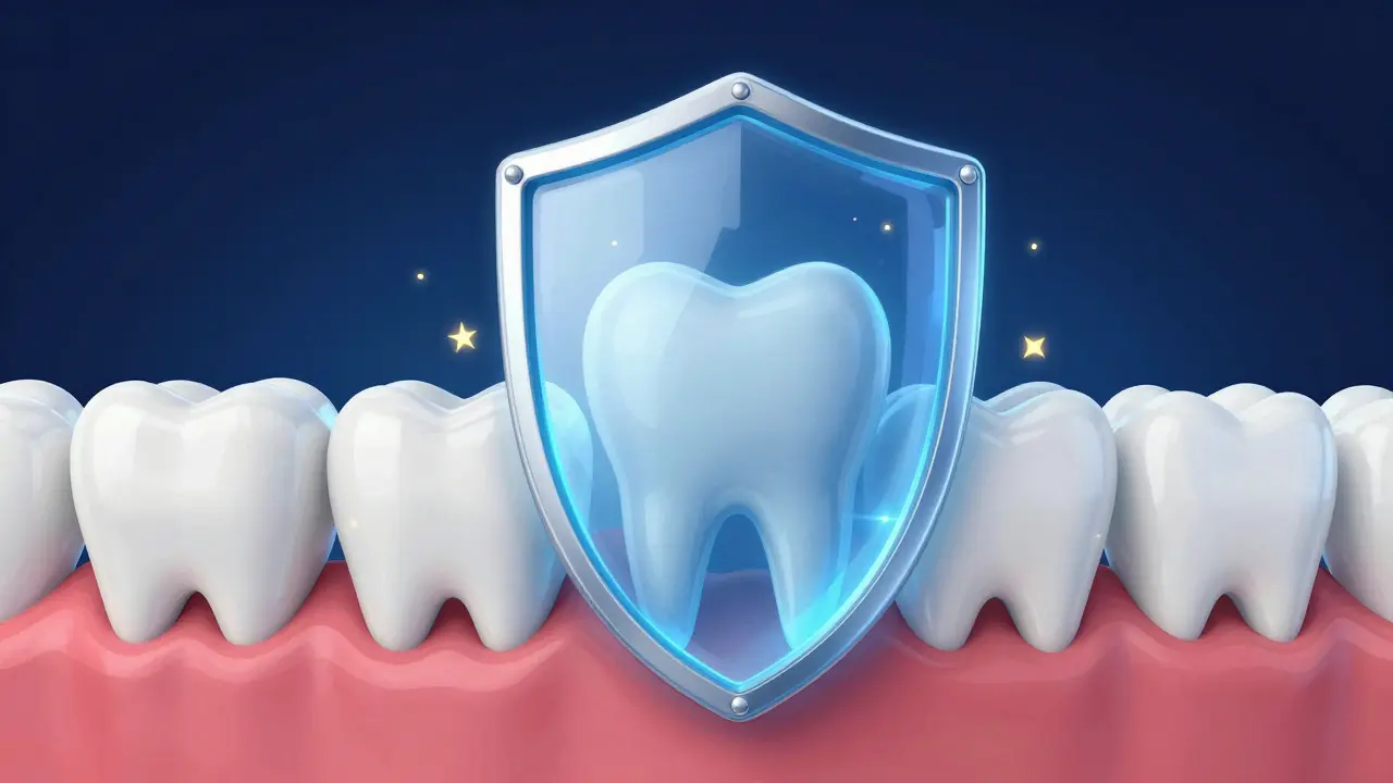 Ilustrace zubu chráněného modrým průsvitným štítem proti kyselinám.
