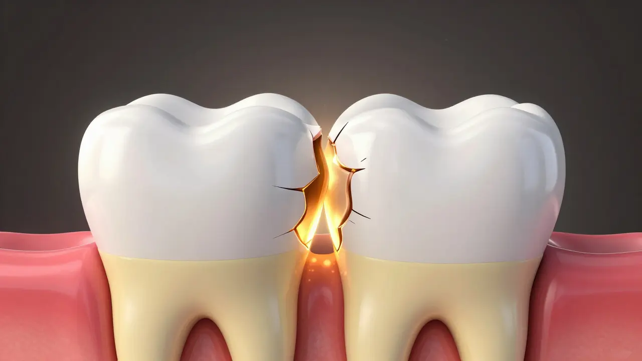 Konceptuální řez zubu ukazující prasklinu v sklovině a citlivý dentin.