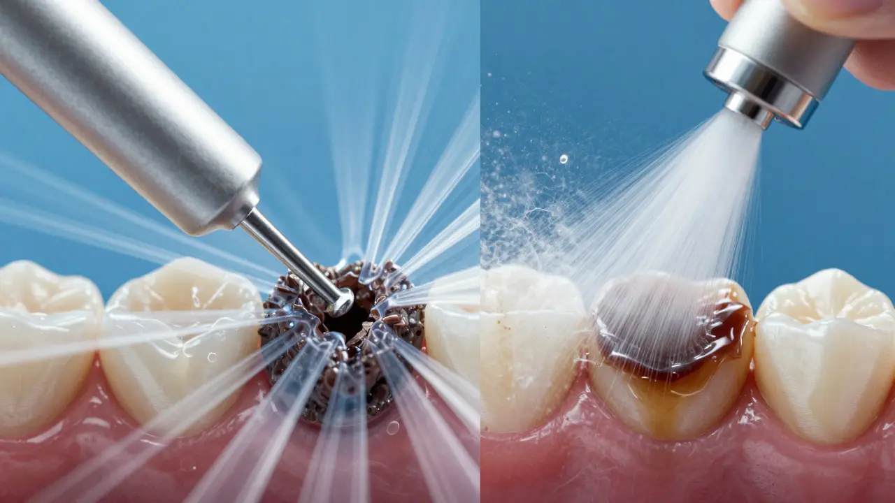 Konceptuální znázornění profesionálního čištění zubů ultrazvukem a air-flowem.