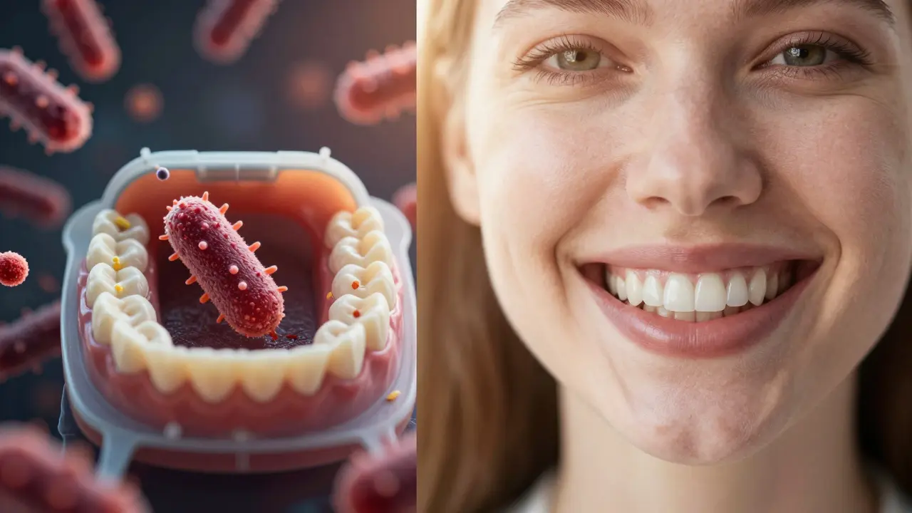 Kontrast mezi hromaděním bakterií pod plastovou krytkou a zdravým úsměvem s vinyry.