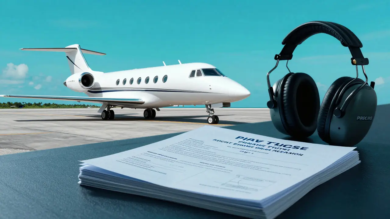 Luxusní soukromý jet na letišti v tropickém prostředí.