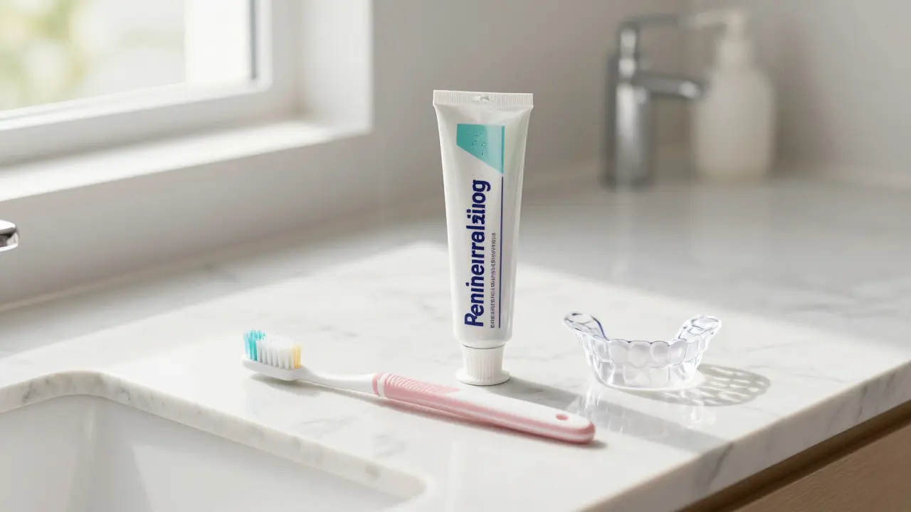 Měkký kartáček, remineralizační pasta a noční dlahá na mramorovém povrchu.