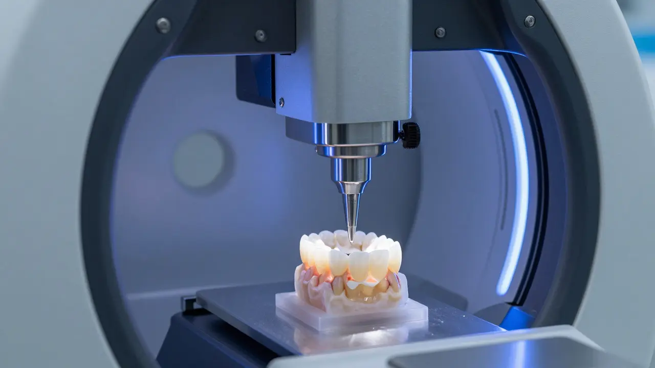 Moderní CAD-CAM technologie při výrobě kompozitní vestavky v laboratoři.