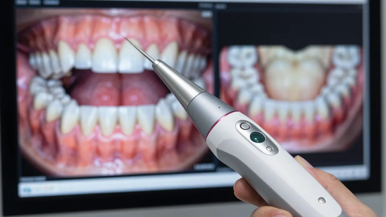 Moderní intraorální skener vytvářející digitální 3D model chrupu pacienta.