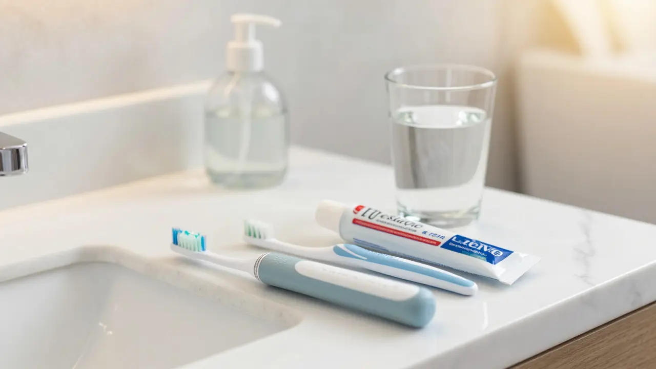 Nástroje pro domácí ústní hygienu na umyvadle