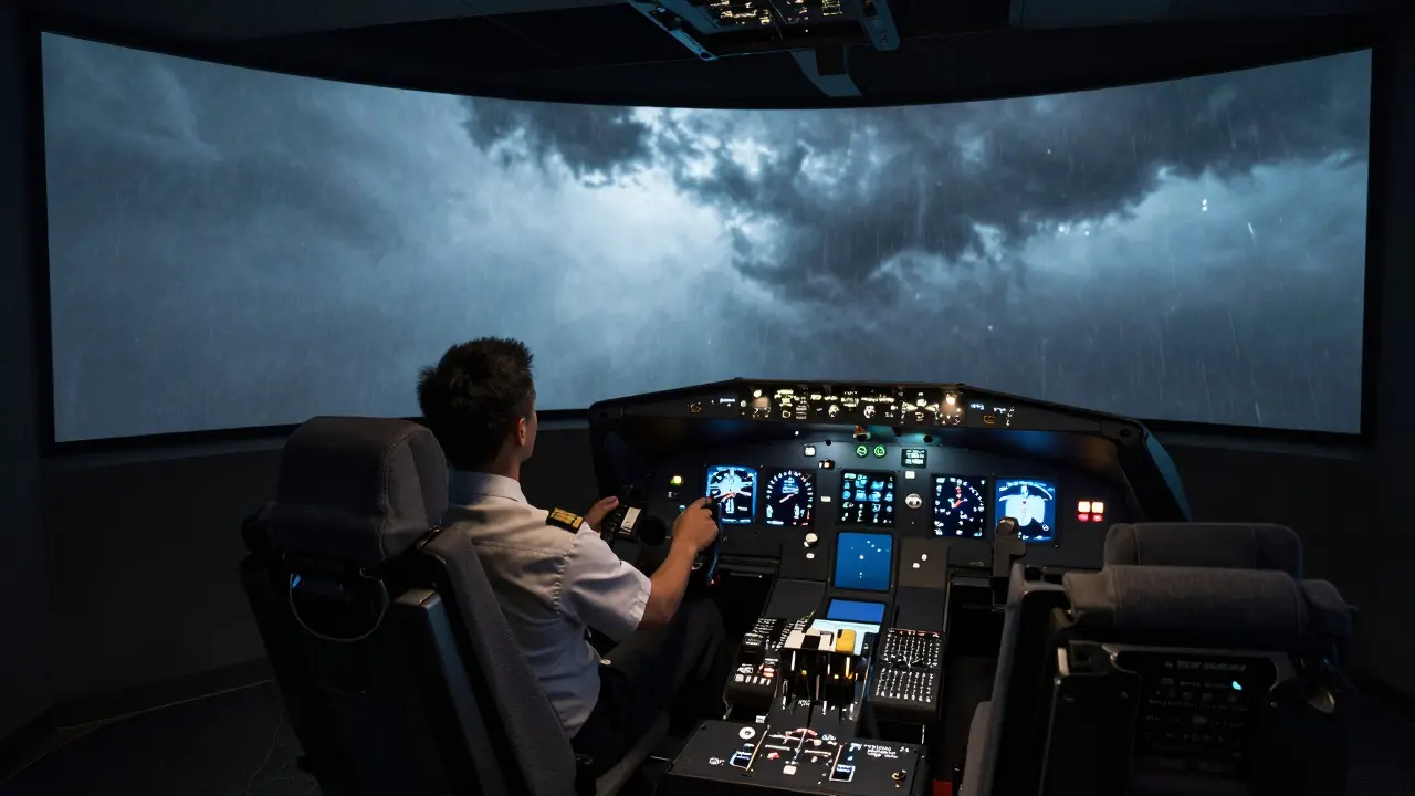 Pilot v letovém simulátoru při tréninku krizového scénáře.