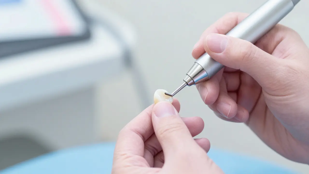 ProfesIální leštění bílých plomb během hygienického čištění zubů.