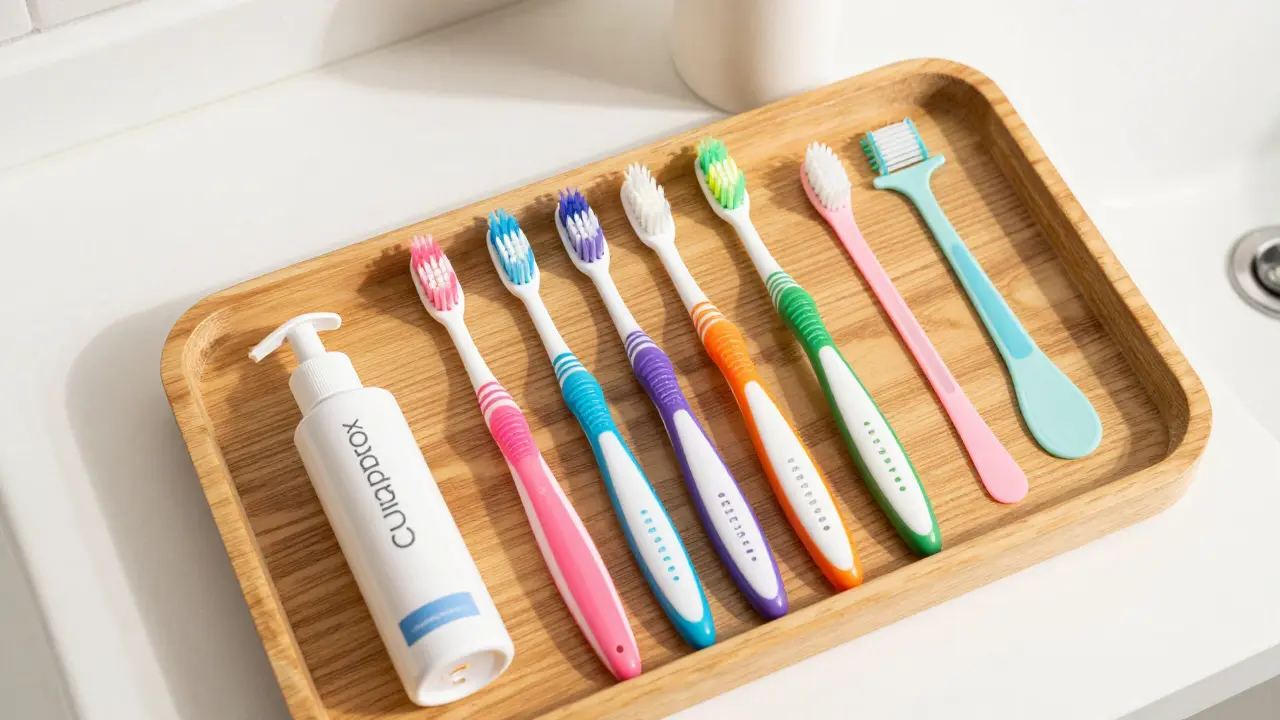 Sada barevných kartáčků Curaprox a mezizubních pomůcek na dřevěném podnose.