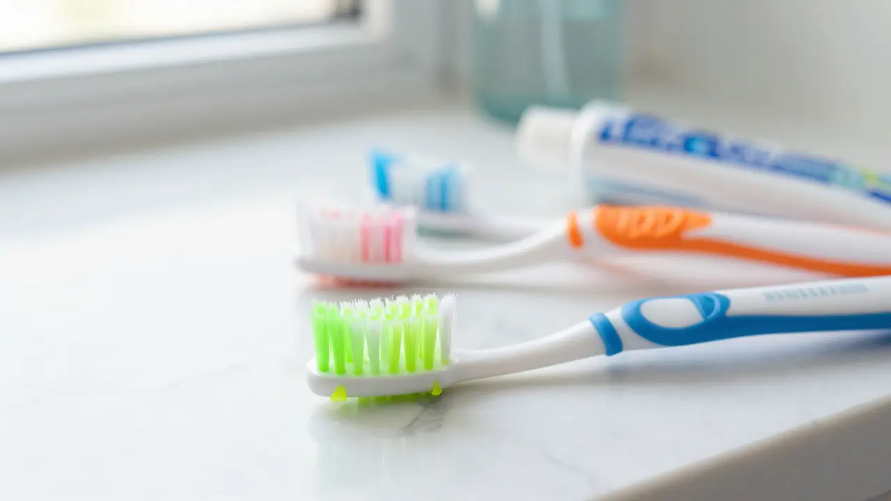 Sada mezizubních kartáčků různých velikostí na bílém mramorovém povrchu v koupelně.