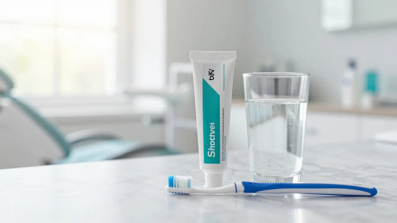 Sada pro dentální hygienu s kartáčkem a fluoridovou pastou na mramorovém povrchu.