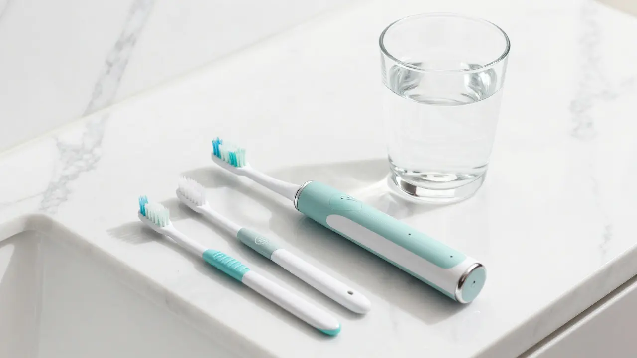 Sada pro domácí péči o zuby: elektrický kartáček a mezizubní pomůcky.