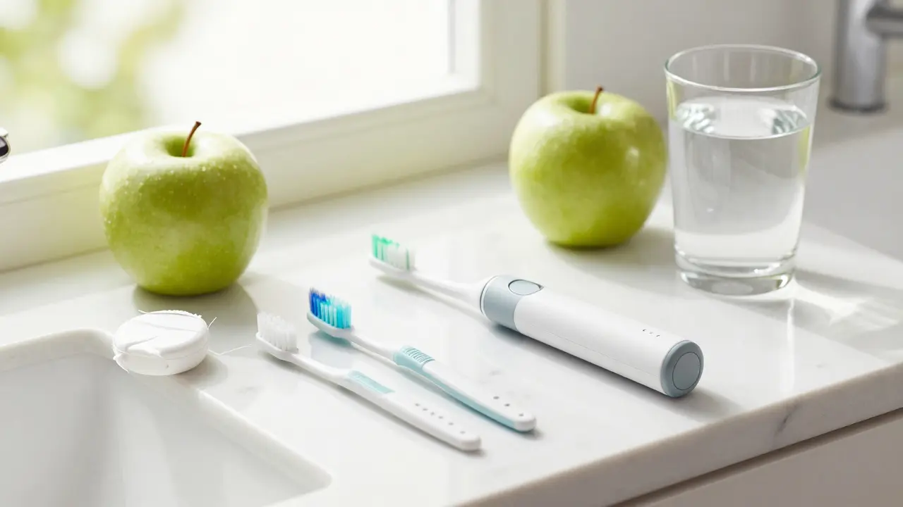 Sada pro domácí péči o zuby včetně sonického kartáčku, mezizubních kartáčků a nitě na mramorovém stole.