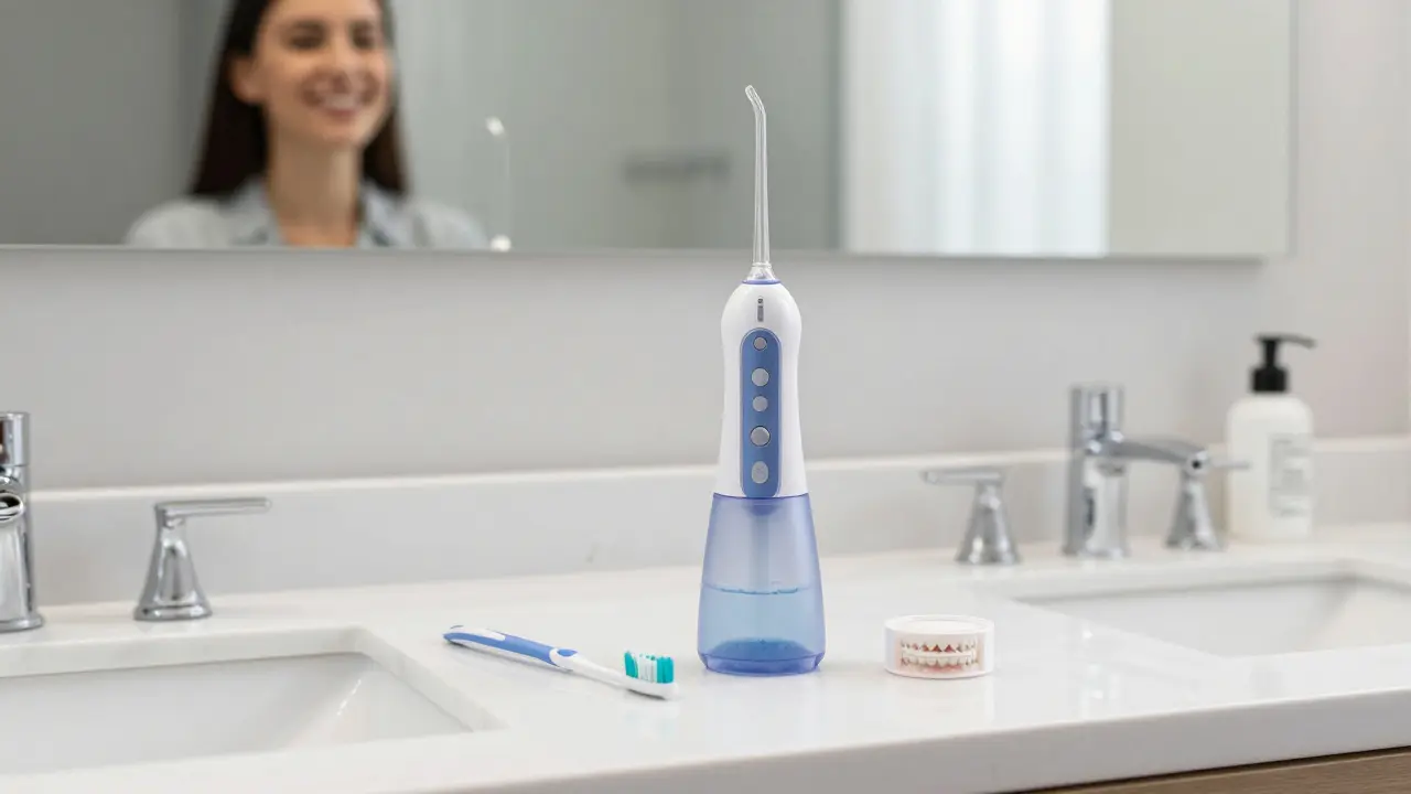 Sada pro hygienickou péči o zuby s rovnátky včetně irigátoru a mezizubního kartáčku.