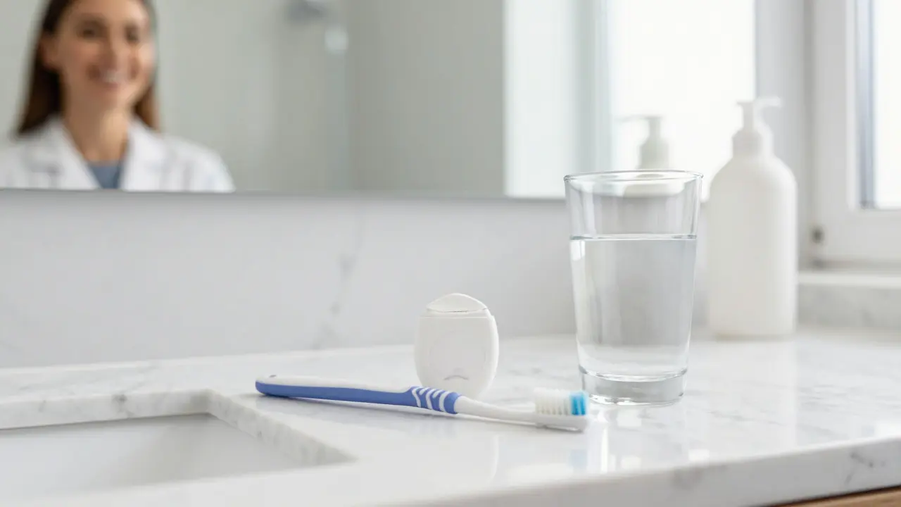 Sada pro zubní hygienu s kartáčkem a flossem na mramorovém povrchu.