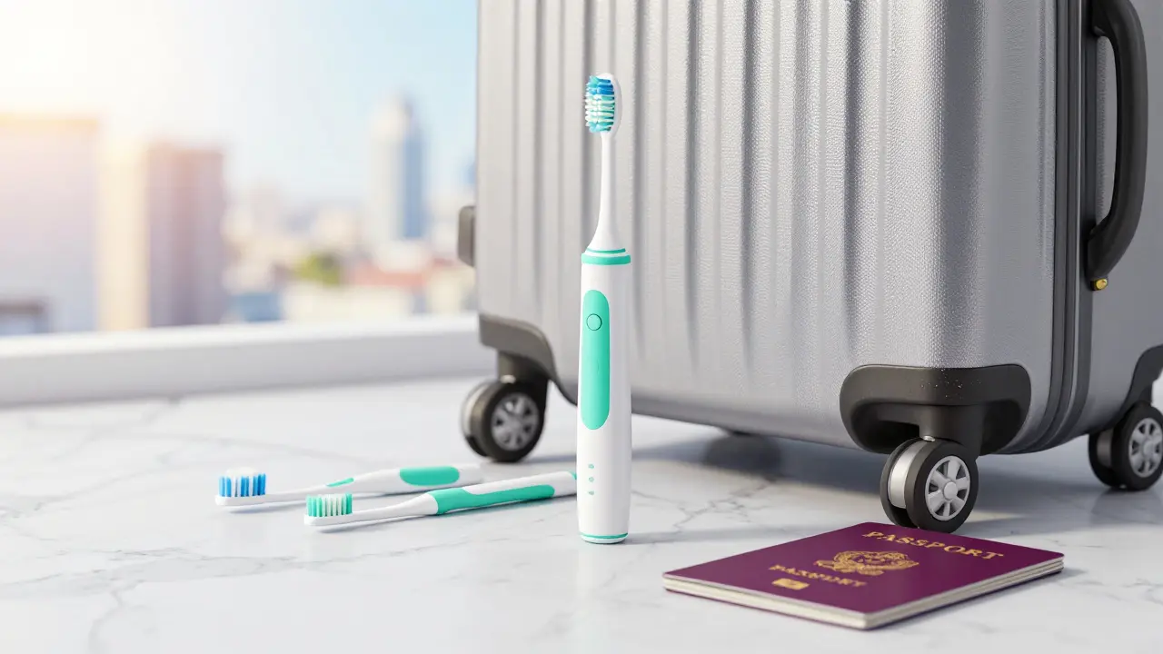 Sonický kartáček a cestinejší potřeby pro prevenci zubních problémů.