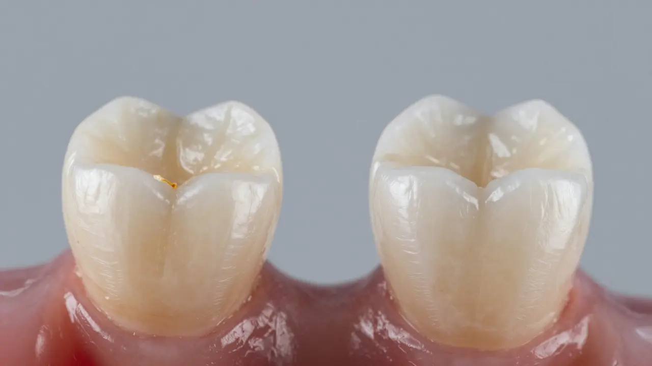 Srovnání opotřebovaného zubu a zubu obnoveného keramickou korunkou.