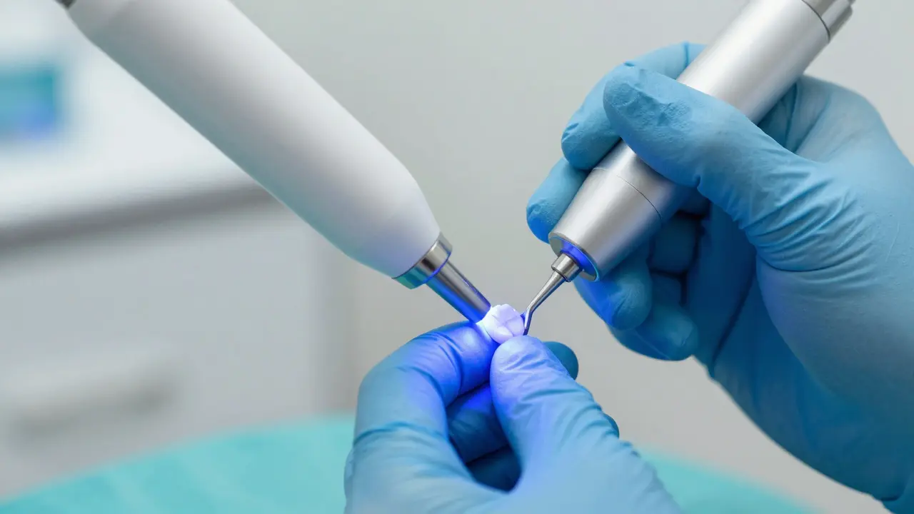 Zubař používají UV světlo k ztvrdnutí kompozitní výplně zubu