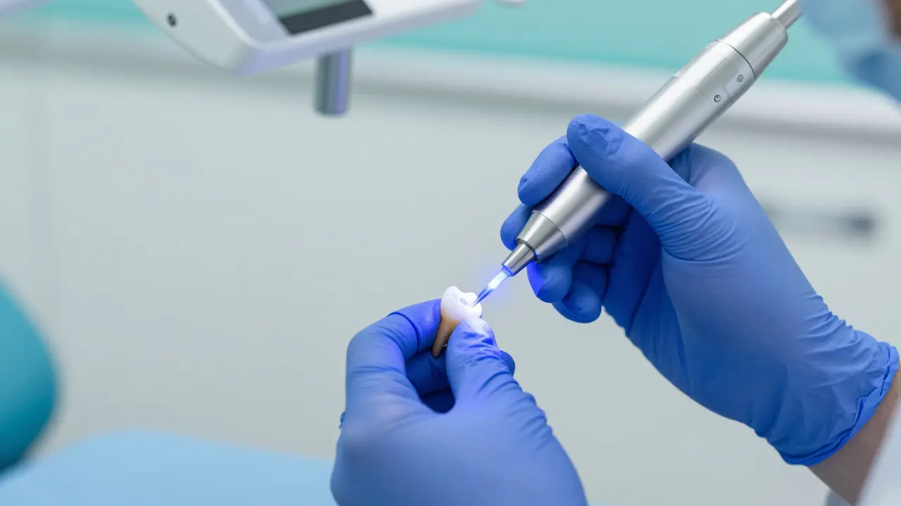 Zubař používající modré světlo k ztvrdnutí bílé plomby