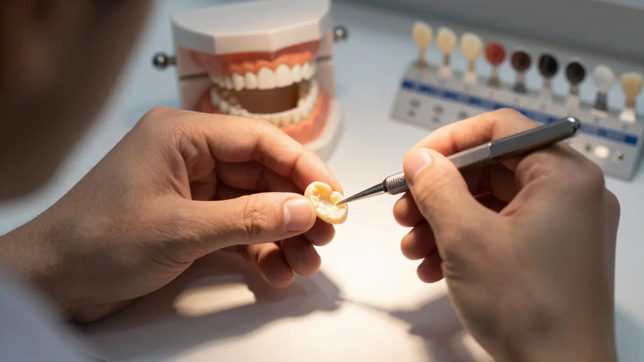 Zubní technik precizně vypracovává keramický vinyr v profesionální laboratoři.