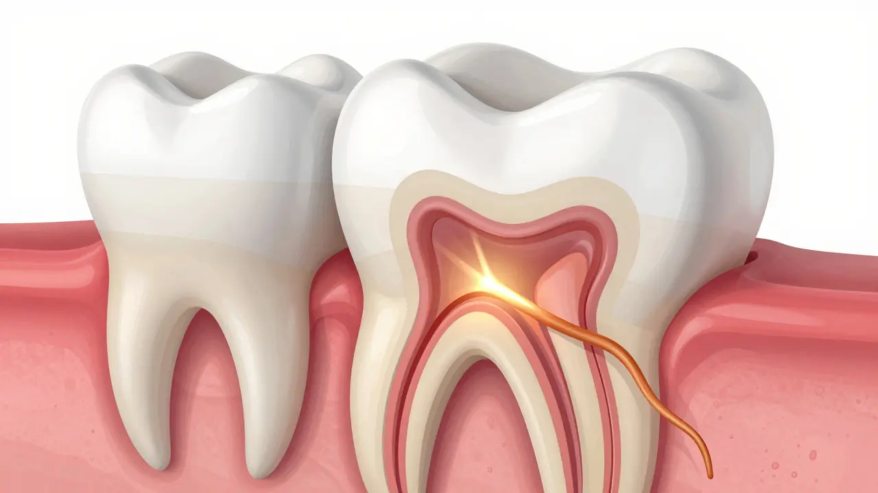 Anatomický průřez zubem ukazující podráždění nervu a pulpy uvnitř chrupu.