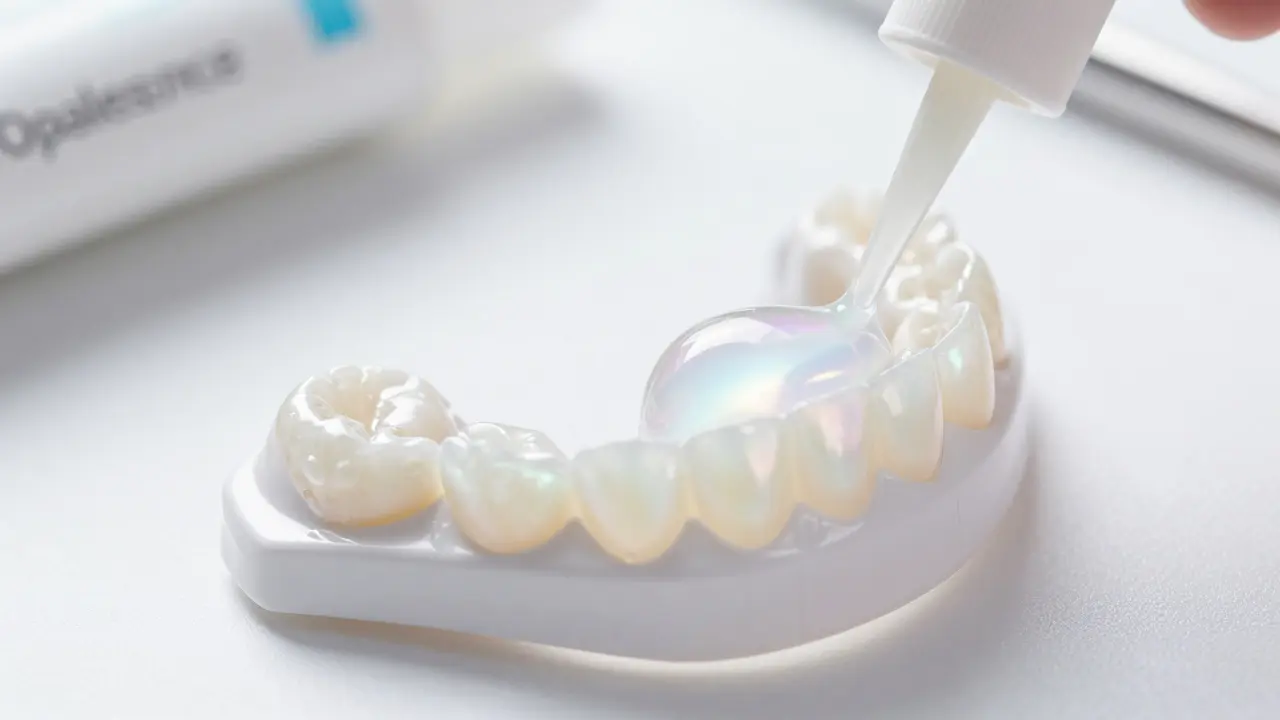 Bělicí gel Opalescence aplikovaný na průhledné zubní štítky