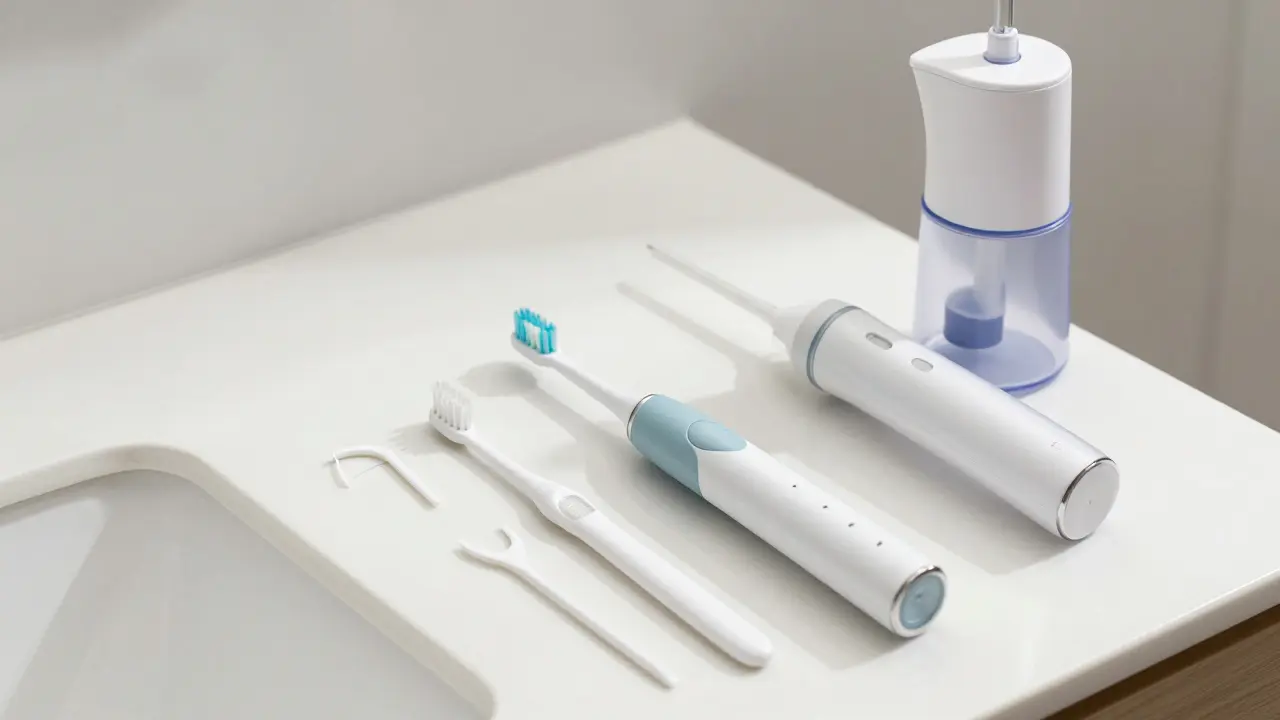 Elektrická zubní kartáček a mezizubní nástroje na čistém pultu pro domácí hygienu
